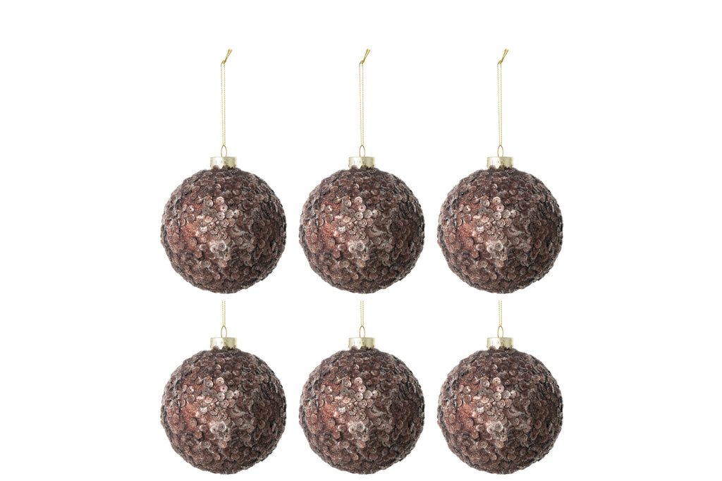 Doos met 6 kerstballen pailletten suiker mat glas donkerbruin klein