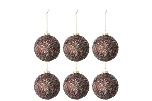 Doos met 6 kerstballen pailletten suiker mat glas donkerbruin klein