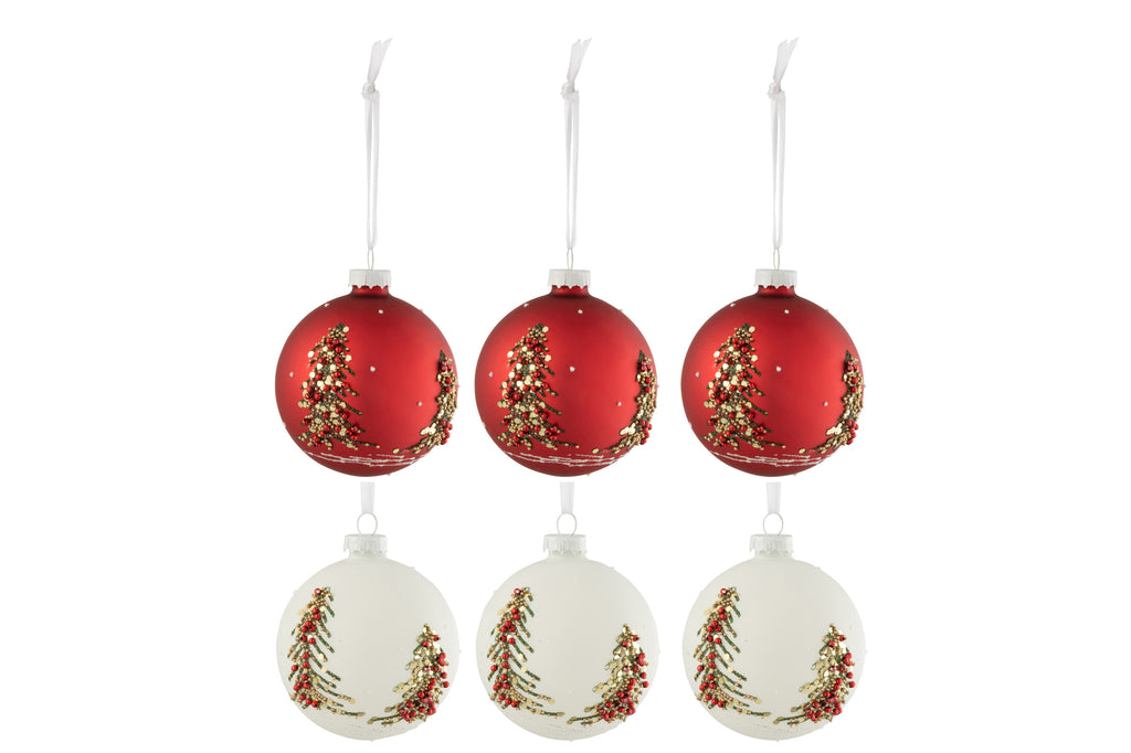 Doos met 6 kerstballen Kerstbomen Glitters Glas Wit/Rood Klein