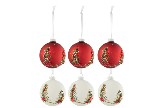 Doos met 6 kerstballen Kerstbomen Glitters Glas Wit/Rood Klein