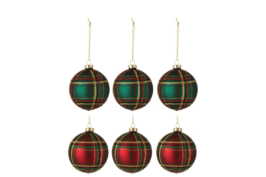 Doos met 6 kerstballen geruit glas 3rood/3groen klein