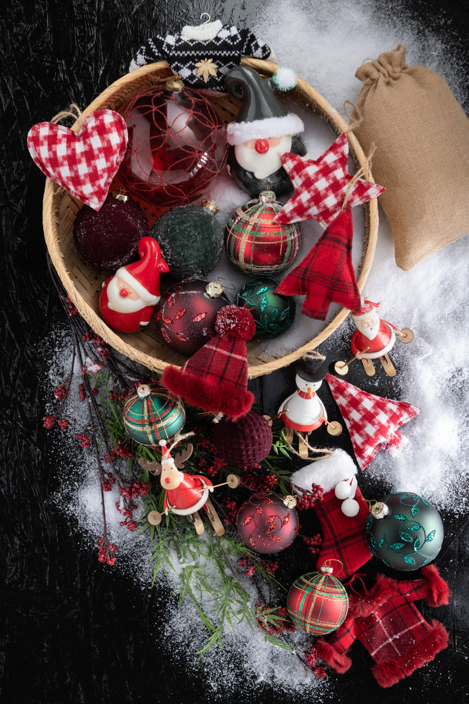 Doos met 6 kerstballen geruit glas 3rood/3groen klein