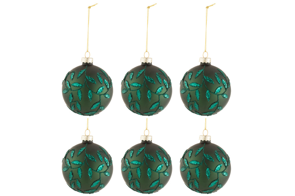 Doos met 6 kerstballen bladeren glitter glas mat groen klein