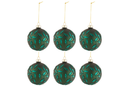 Doos met 6 kerstballen bladeren glitter glas mat groen klein