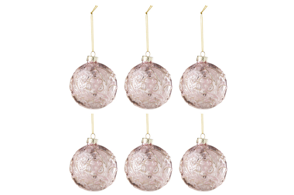 Doos met 6 kerstballen met motief, rozenpailletten, glas, lichtroze, klein