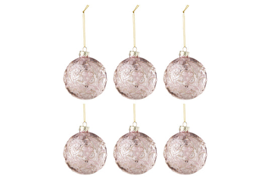 Doos met 6 kerstballen met motief, rozenpailletten, glas, lichtroze, klein