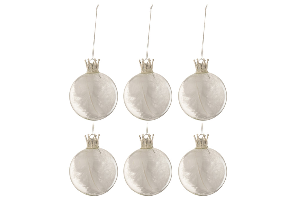Doos met 6 kerstballen kroon veer wit glas helder klein