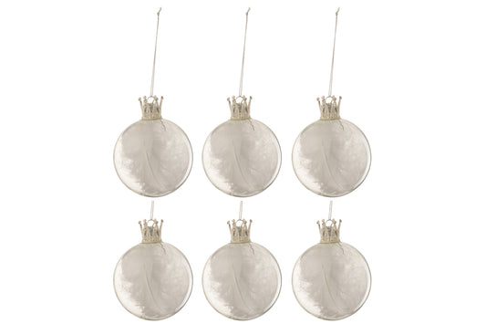 Doos met 6 kerstballen kroon veer wit glas helder klein