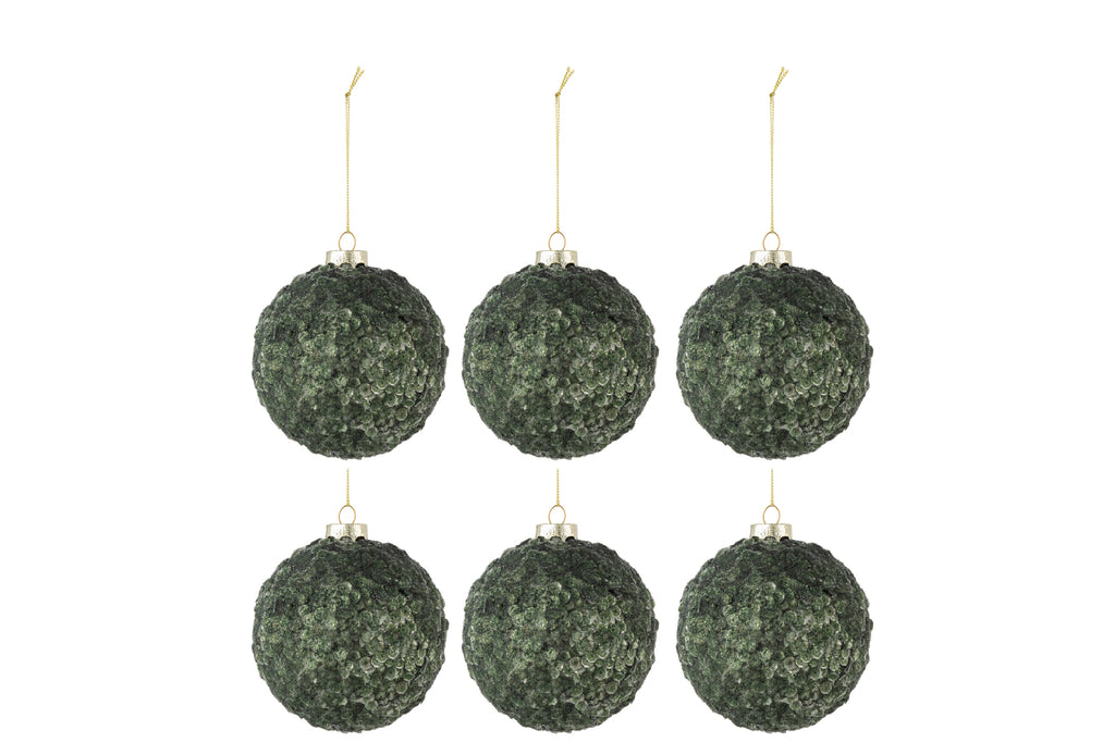 Doos met 6 kerstballen pailletten suiker mat glas donkergroen klein