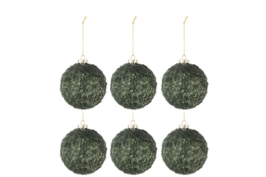 Doos met 6 kerstballen pailletten suiker mat glas donkergroen klein
