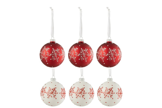 Doos met 6 kerstballen Sneeuwvlokken Glitter Glas Wit/Rood Klein