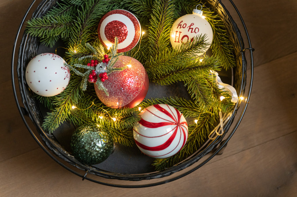 Doos met 6 kerstballen Sneeuwvlokken Glitter Glas Wit/Rood Klein