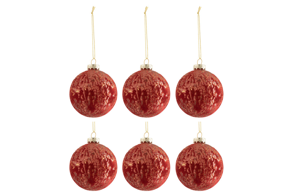 Doos met 6 kerstballen fluweel glas antiek bordeauxrood/goud klein