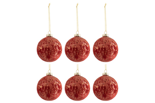 Doos met 6 kerstballen fluweel glas antiek bordeauxrood/goud klein