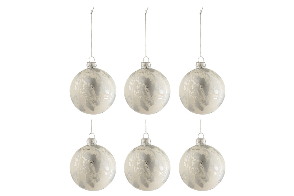 Doos met 6 kerstballen marmerlook glas wit/zilver klein