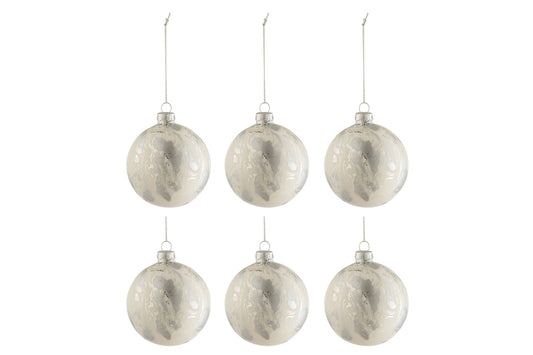 Doos met 6 kerstballen marmerlook glas wit/zilver klein
