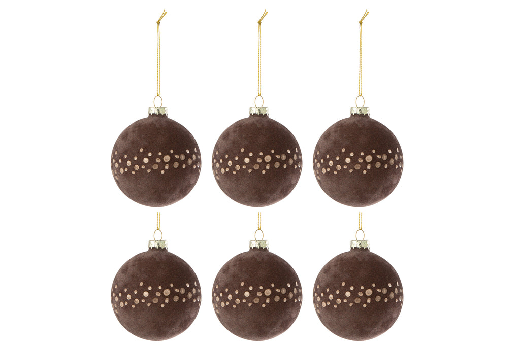 Doos met 6 kerstballen stippen fluweel bruin/goud
