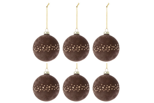 Doos met 6 kerstballen stippen fluweel bruin/goud