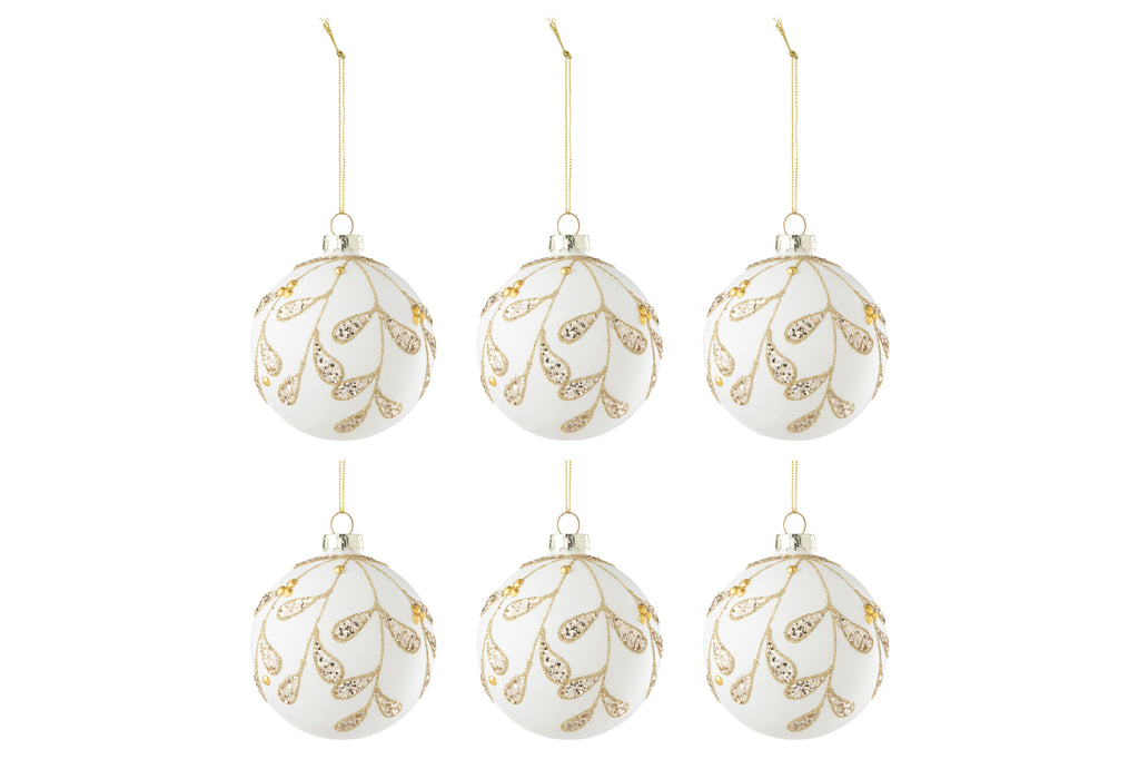 Doos met 6 kerstballen met pailletten, glas, wit/goud