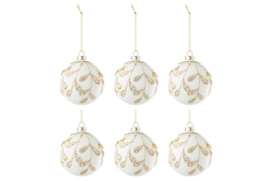Doos met 6 kerstballen met pailletten, glas, wit/goud