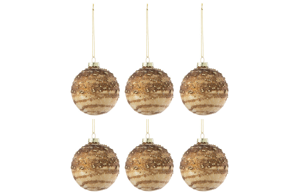 Doos met 6 kerstballen lijnen pailletten glas bruin