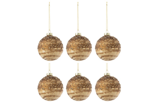 Doos met 6 kerstballen lijnen pailletten glas bruin