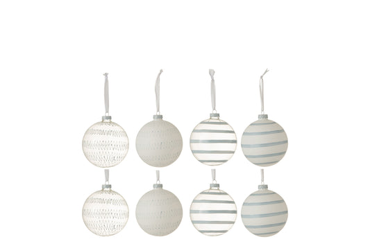 Doos met 8 kerstballen Cartel 4Glass Clear/4Opal White/Blue Kleine sortering van 2