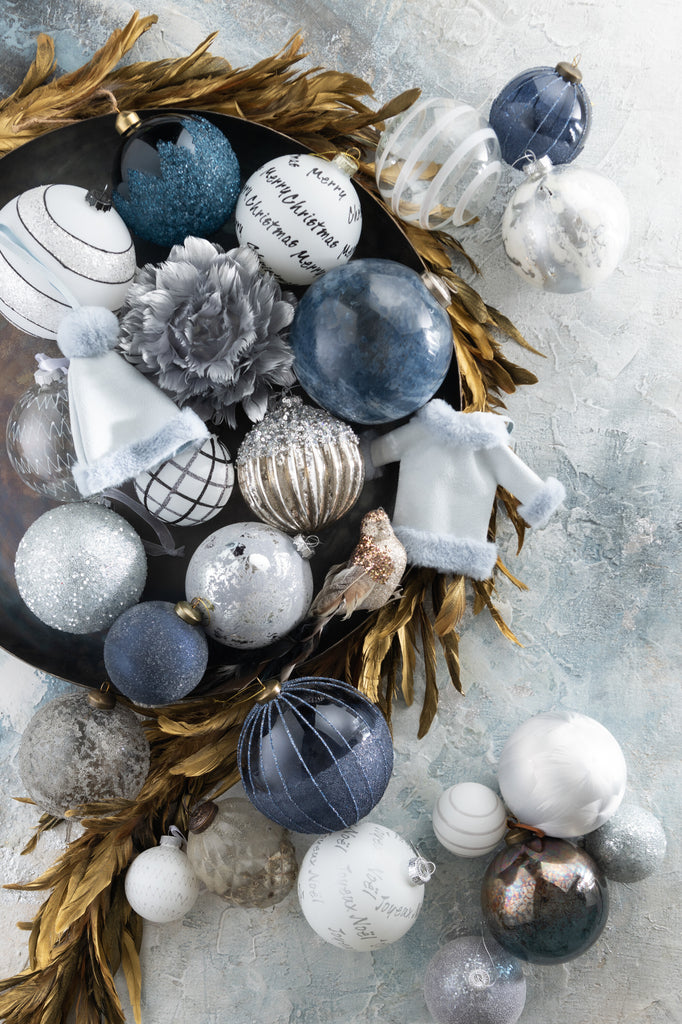 Doos met 8 kerstballen Cartel 4Glass Clear/4Opal White/Blue Kleine sortering van 2