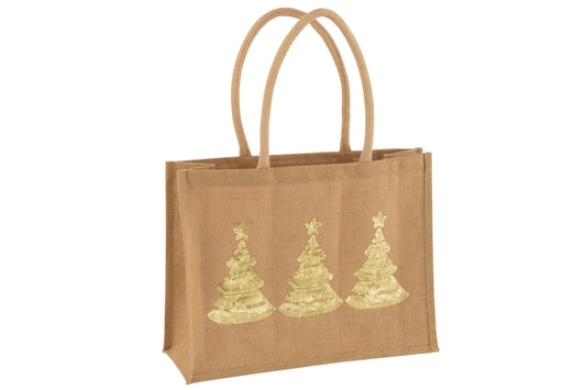 Zak 2 Kerstbomen Pailletten Jute Natuurlijk/Goud