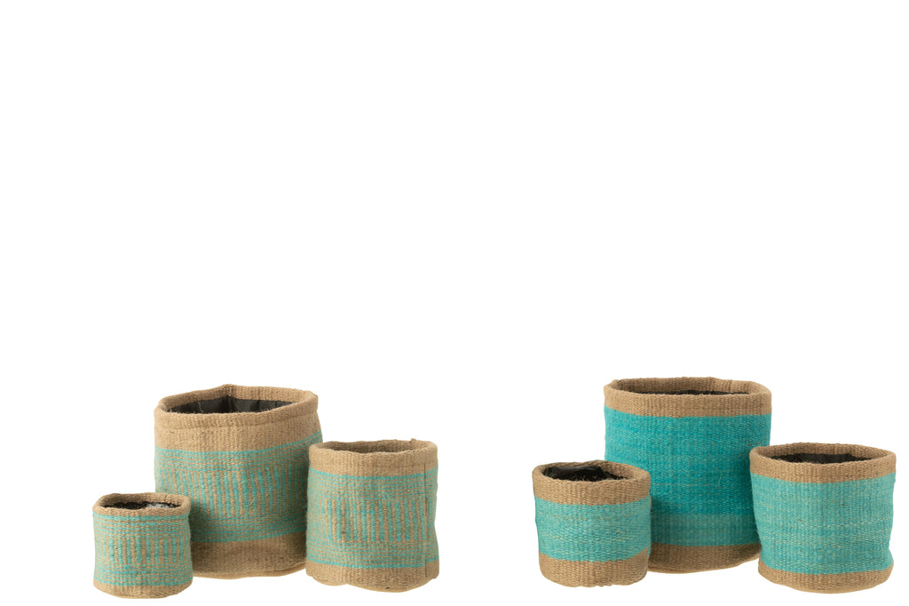 Mand Rond+Band Jute Natuurlijk/Azuurblauw Groot Assortiment Van 2