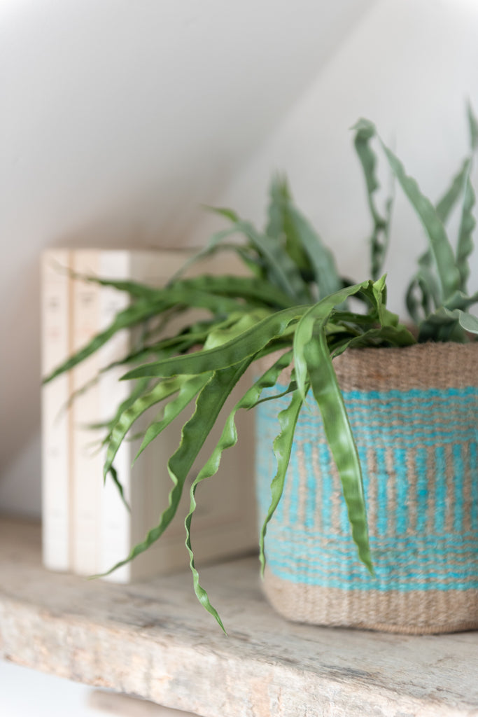 Mand Rond+Band Jute Natuurlijk/Azuurblauw Groot Assortiment Van 2