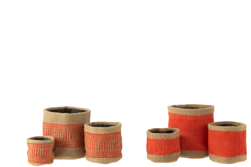 Mand Rond+Band Jute Naturel/Oranje Groot Assortiment Van 2