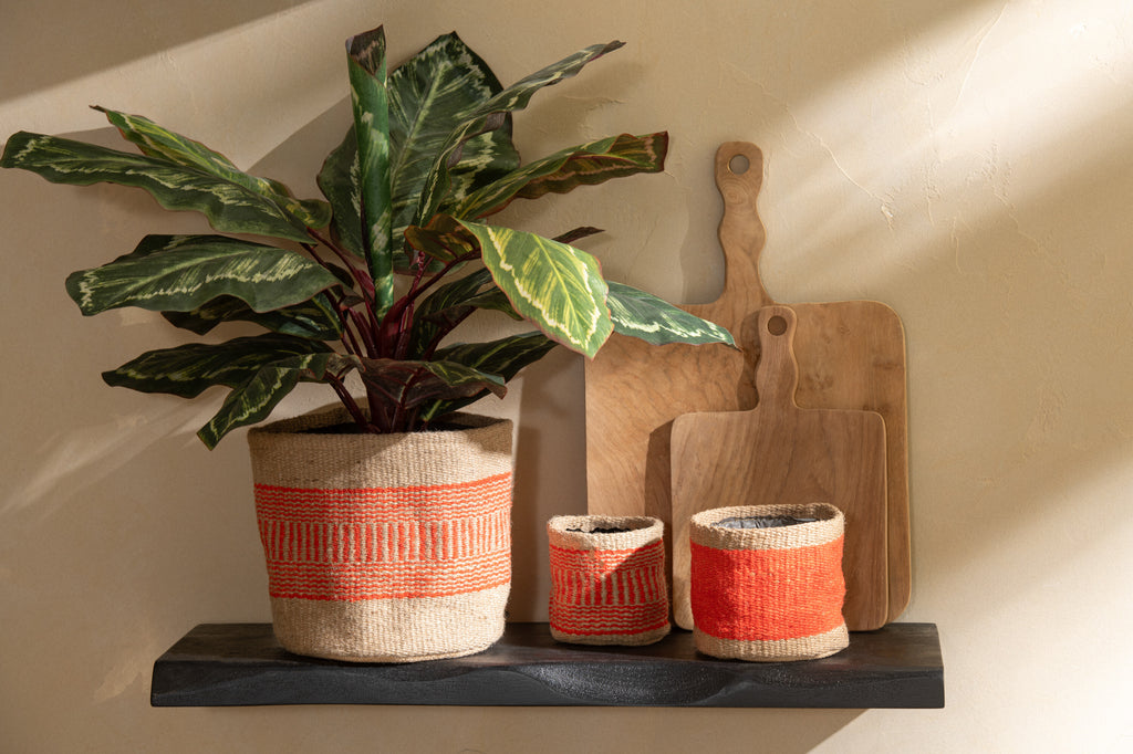 Mand Rond+Band Jute Naturel/Oranje Groot Assortiment Van 2