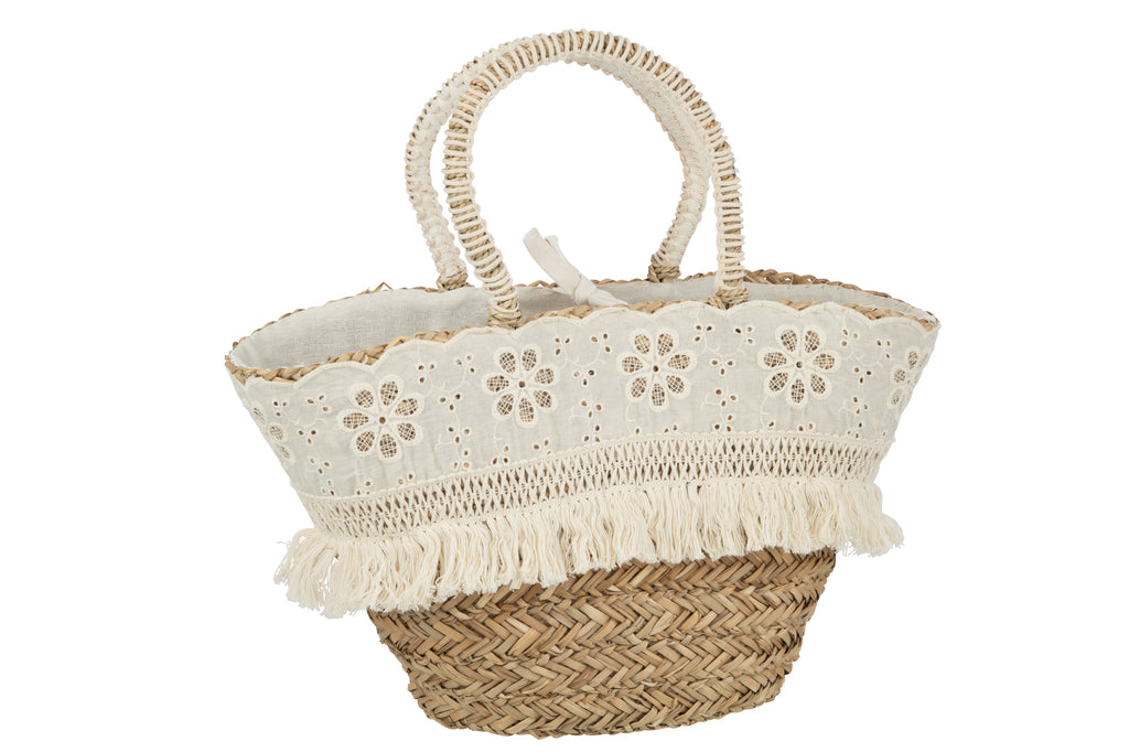 Strandtas Bloemen+Franjes Zeegras Natuurlijk/Crème