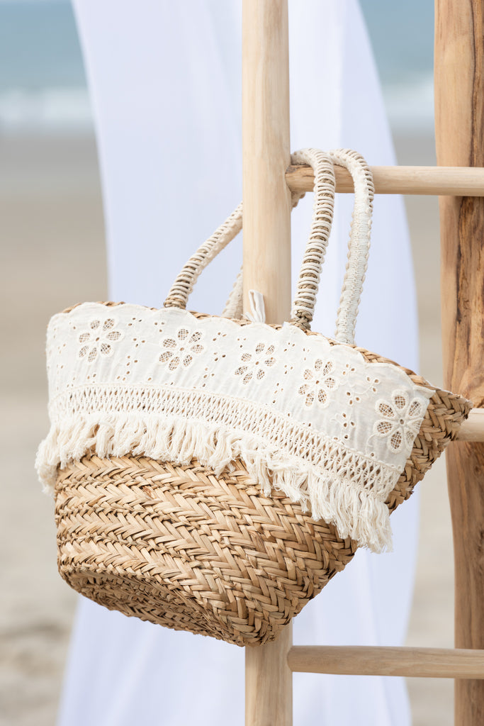 Strandtas Bloemen+Franjes Zeegras Natuurlijk/Crème