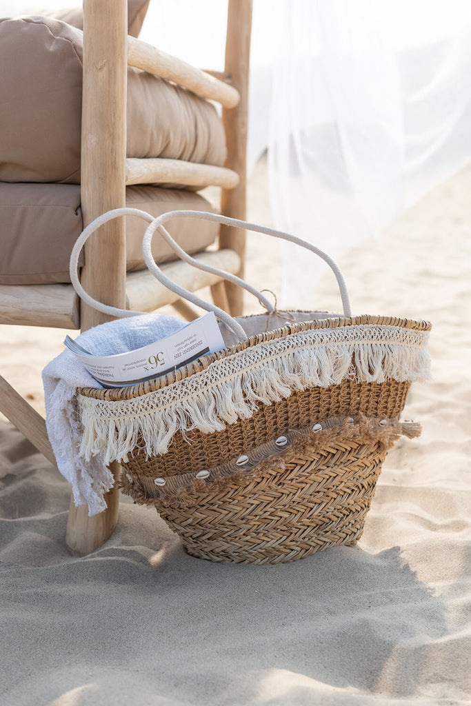 Strandtas Riet Kwastjes Jute Natuurlijk/Ecru