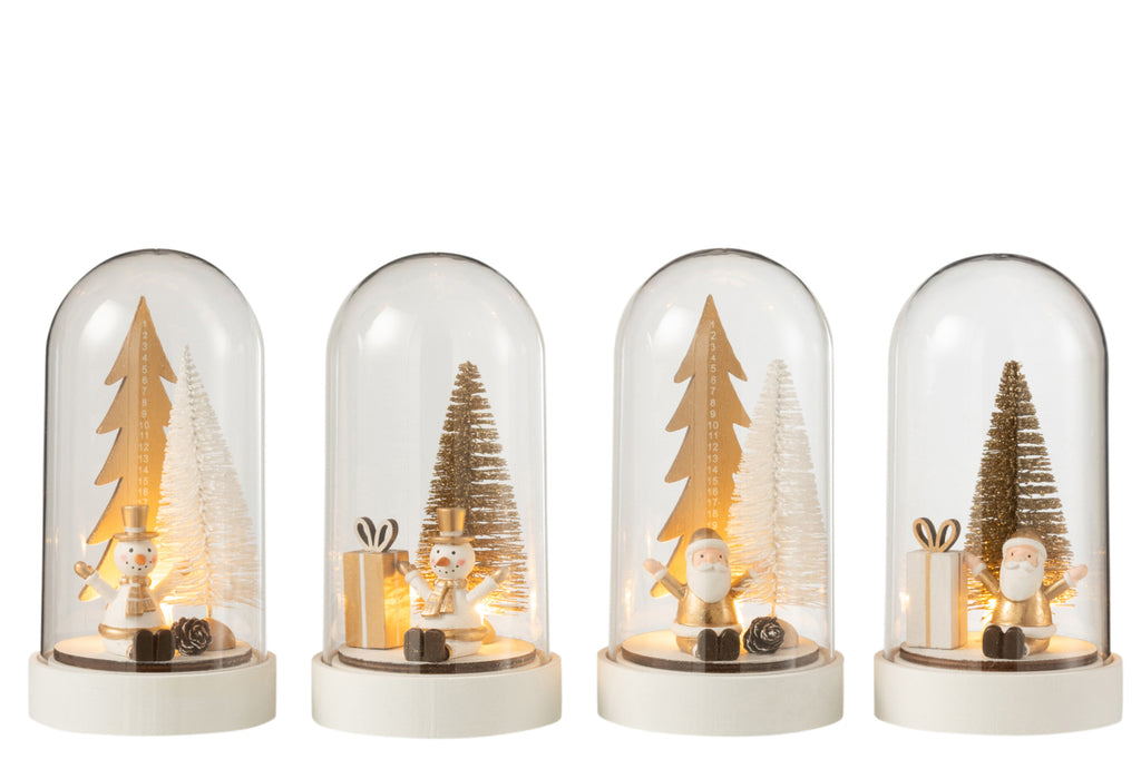 Bell Jar Kerstmis+Led Hout Wit/Goud Groot Assortiment Van 4