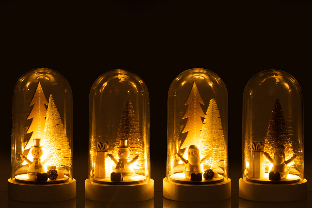 Bell Jar Kerstmis+Led Hout Wit/Goud Groot Assortiment Van 4