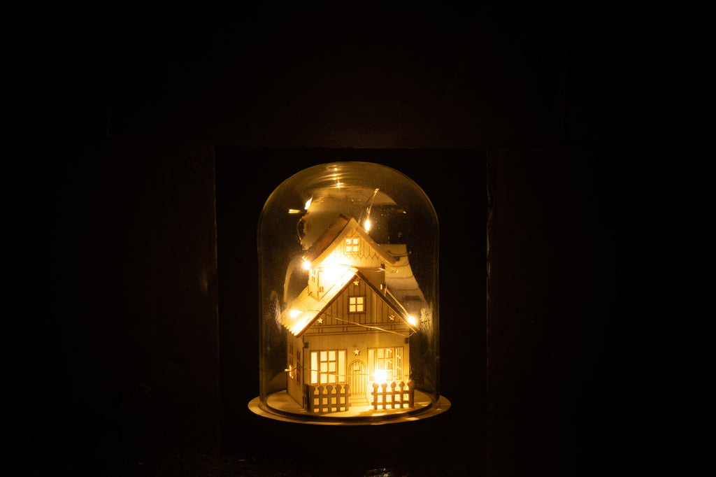 Bell Jar Winter Led Huis Hout/Glas Natuurlijk