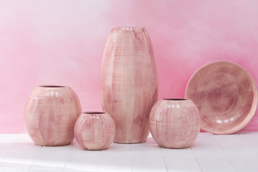 BLOEMPOT HANDGESCHILDERD KERAMIEK ROZE GROOT