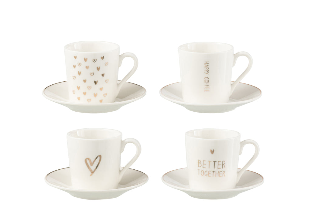Doos met 4 koffiekopjes en schoteltjes in hartvorm Windownbox Keramiek Wit Klein