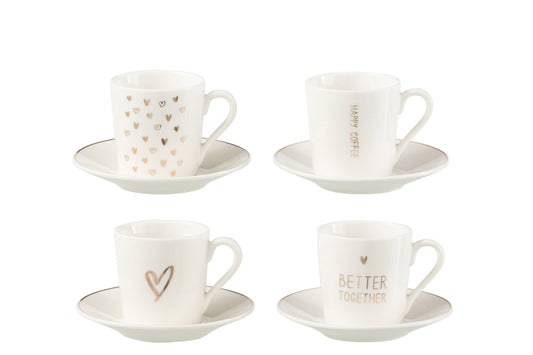 Doos met 4 koffiekopjes en schoteltjes in hartvorm Windownbox Keramiek Wit Klein