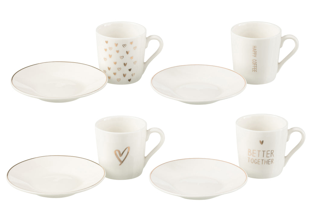 Doos met 4 koffiekopjes en schoteltjes in hartvorm Windownbox Keramiek Wit Klein