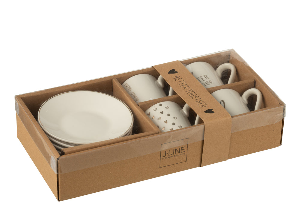 Doos met 4 koffiekopjes en schoteltjes in hartvorm Windownbox Keramiek Wit Klein