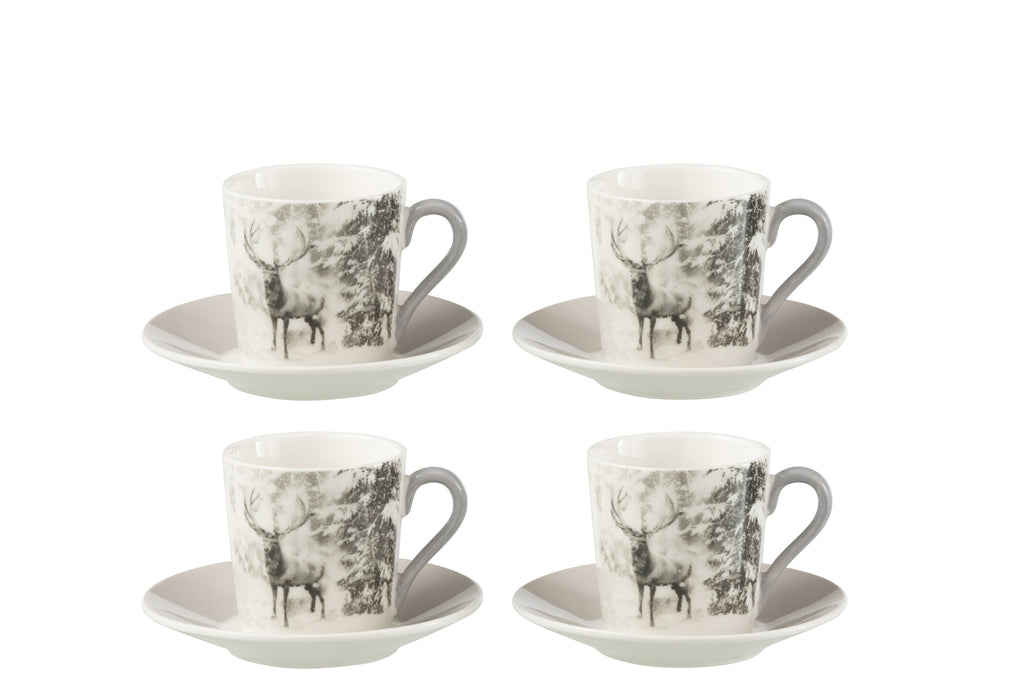 Doos met 4 koffiekopjes en schoteltjes rendieren Windownbox keramiek grijs klein