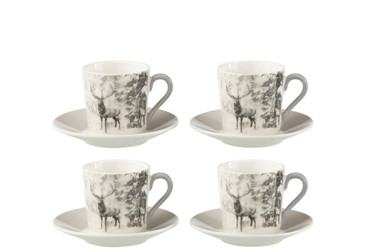 Doos met 4 koffiekopjes en schoteltjes rendieren Windownbox keramiek grijs klein