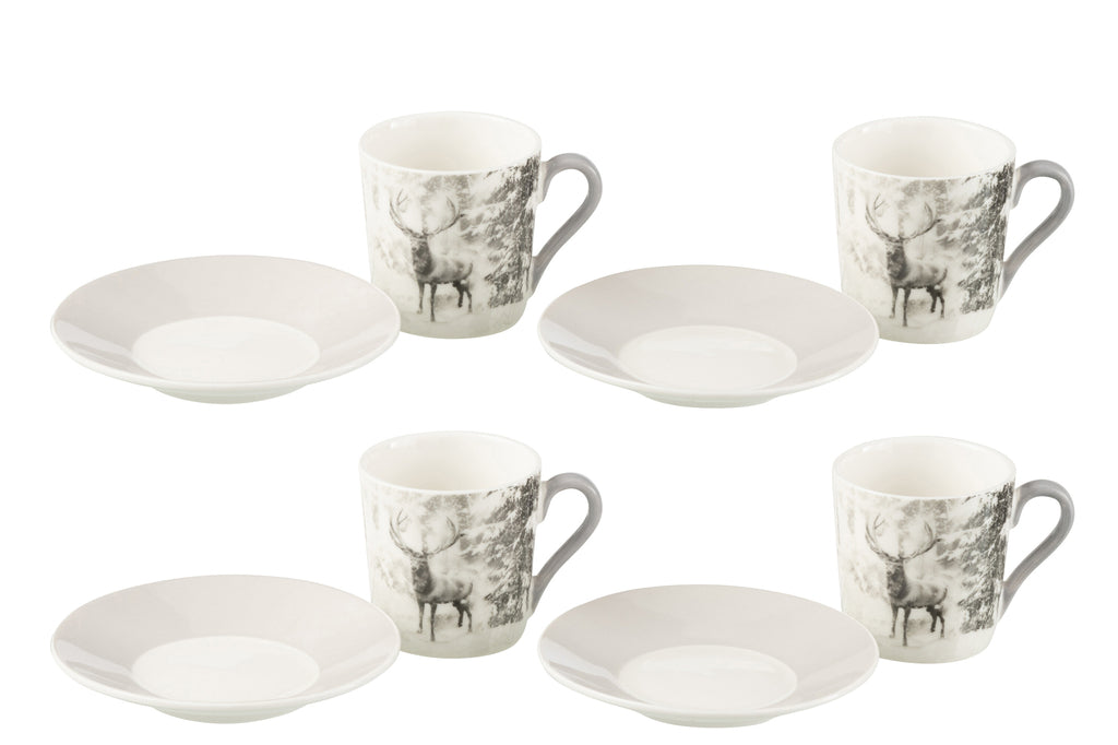 Doos met 4 koffiekopjes en schoteltjes rendieren Windownbox keramiek grijs klein