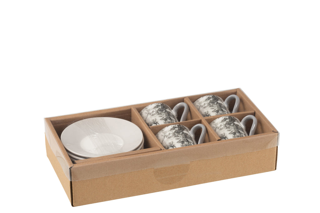 Doos met 4 koffiekopjes en schoteltjes rendieren Windownbox keramiek grijs klein