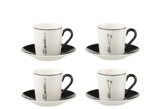 Doos met 4 koffiekopjes en schoteltjes Windownbox Keramiek Zwart/Wit Klein