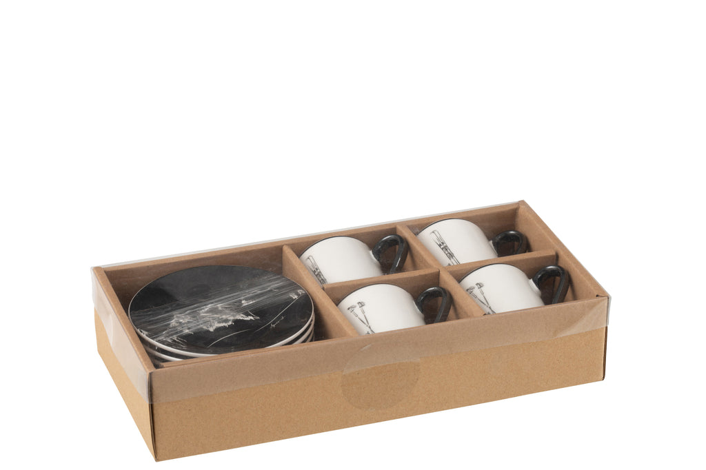 Doos met 4 koffiekopjes en schoteltjes Windownbox Keramiek Zwart/Wit Klein